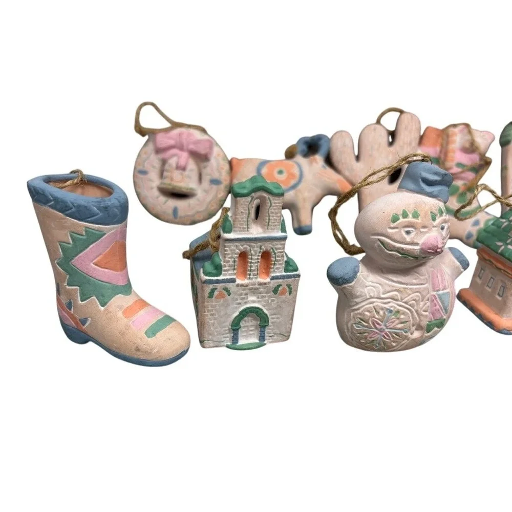 Vintage Southwestern Ceramic Ornaments Set 11 Pastel Terra Cotta Cactus Boot Art